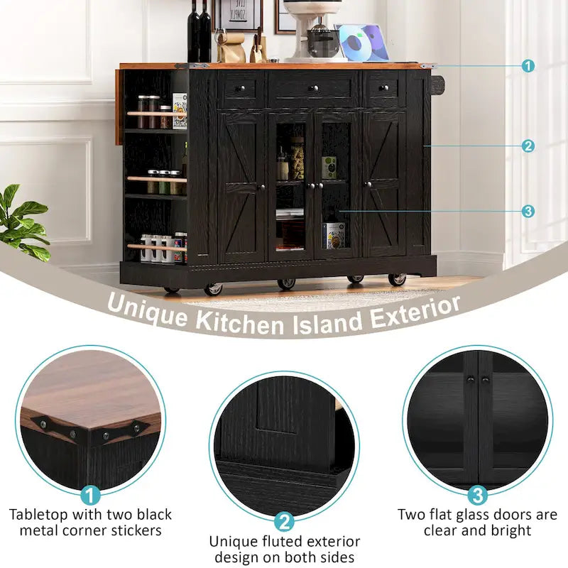 53 Farmhouse Kitchen Island With Two Tempered Glass Cabinet Doors(no include stool)