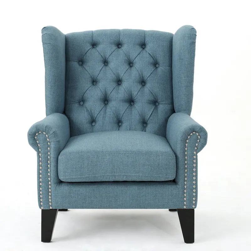 Blue Modern 30 High Back Upholstered Button Tufted Accent Chair with Nailheads for Living Room