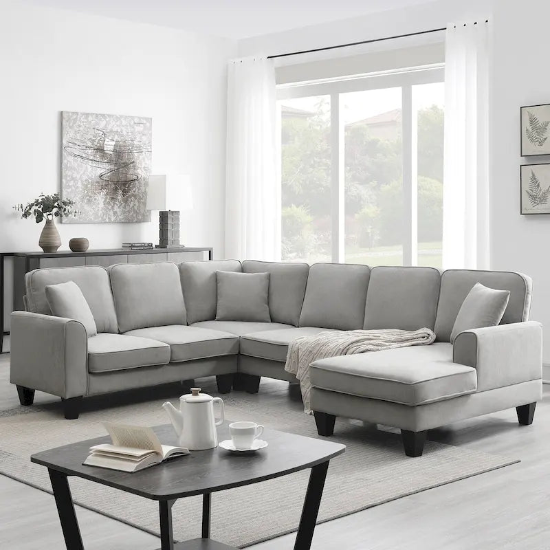 Grey 108 Spacious U-Shaped 7-Seater Sofa Set with 3 Pillows and Chaise, Ideal for Living Room or Apartment