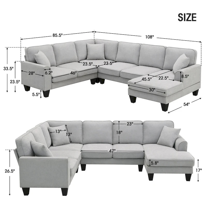 Grey 108 Spacious U-Shaped 7-Seater Sofa Set with 3 Pillows and Chaise, Ideal for Living Room or Apartment