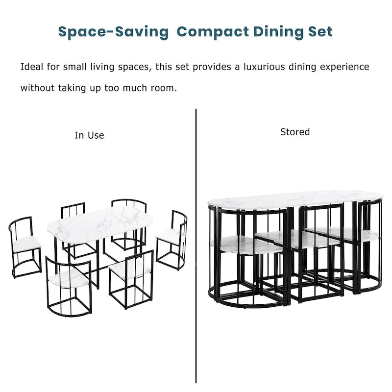 Modern 7-Piece Metal Frame Dining Table Set with Half-Round Table & 6 Chairs