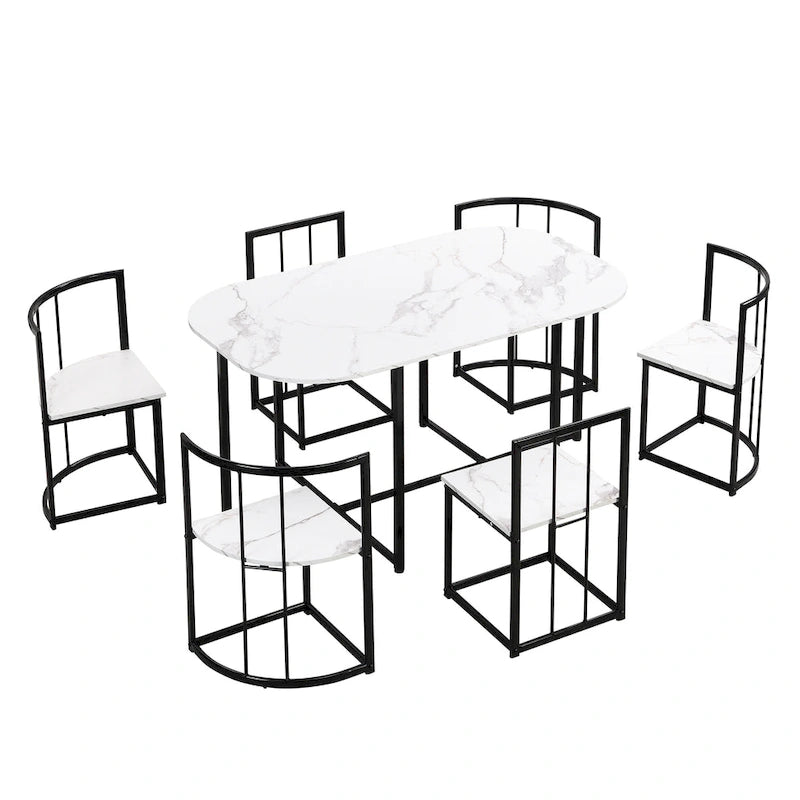 Modern 7-Piece Metal Frame Dining Table Set with Half-Round Table & 6 Chairs