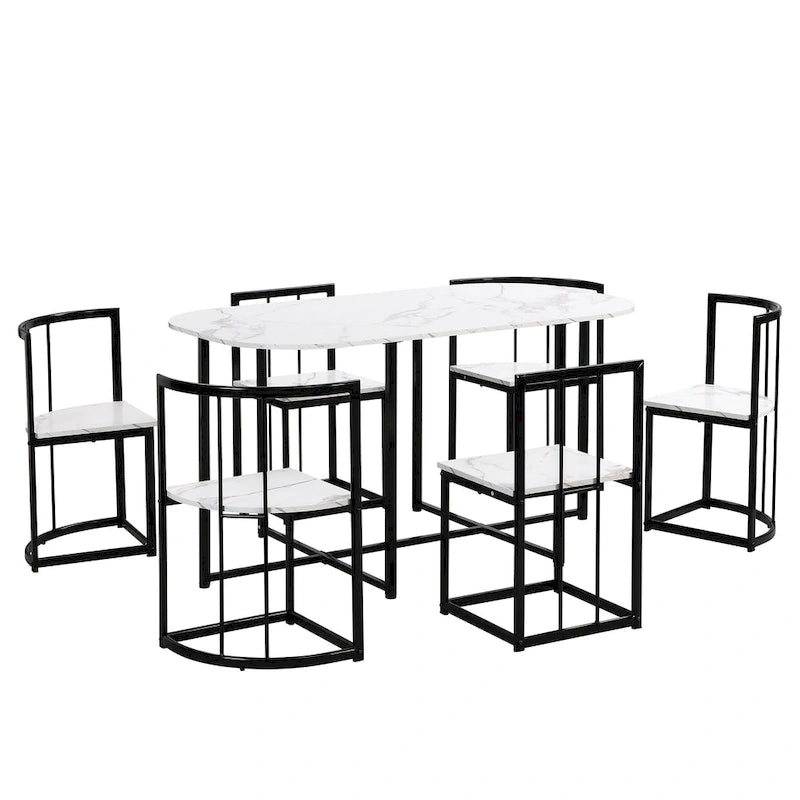 Modern 7-Piece Metal Frame Dining Table Set with Half-Round Table & 6 Chairs