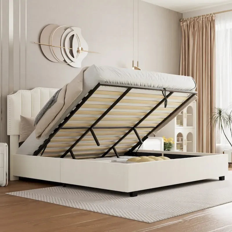 Velvet Upholstered Lift-up Platform Storage Bed