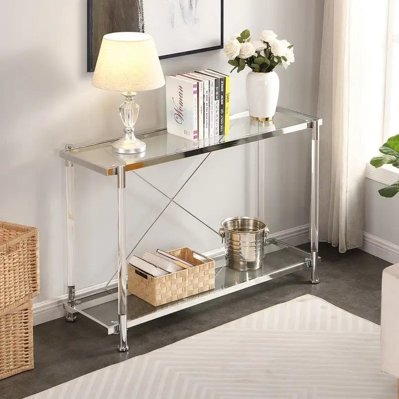 Grondin Modern Contemporary 2-Tier Console Table with Tempered Glass Top, Bottom Shelf, Steel and Acrylic Frame