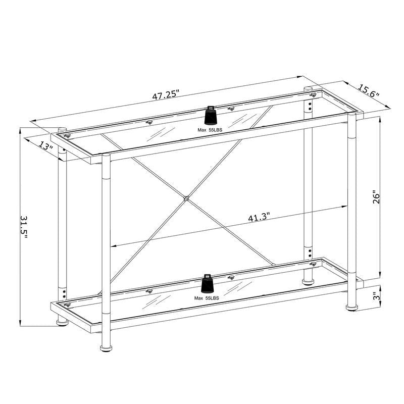 Grondin Modern Contemporary 2-Tier Console Table with Tempered Glass Top, Bottom Shelf, Steel and Acrylic Frame