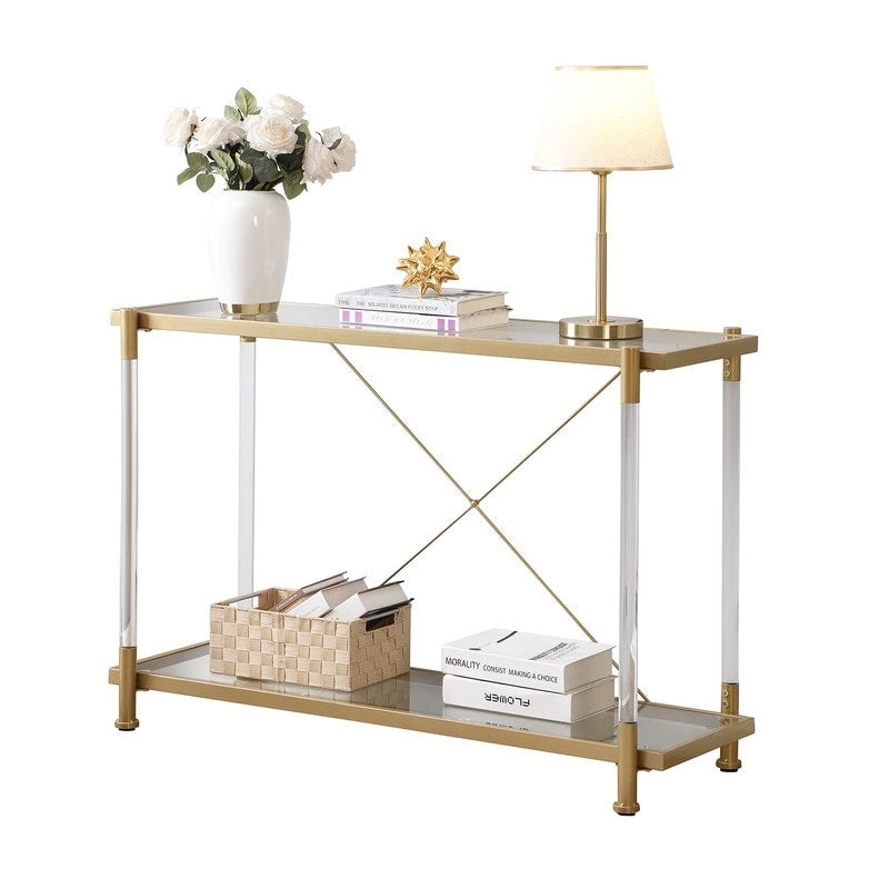 Grondin Modern Contemporary 2-Tier Console Table with Tempered Glass Top, Bottom Shelf, Steel and Acrylic Frame