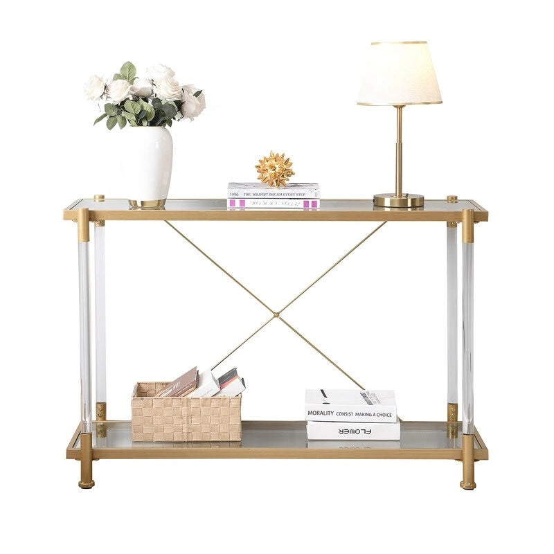 Grondin Modern Contemporary 2-Tier Console Table with Tempered Glass Top, Bottom Shelf, Steel and Acrylic Frame