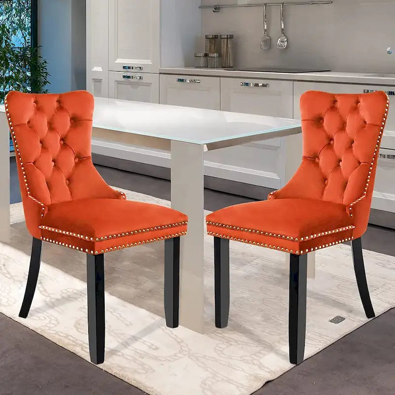 Velvet Dining Chairs Set of 2, Upholstered High-end Tufted Dining Room Chair with Nailhead Back Ring Pull Trim Solid Wood Legs