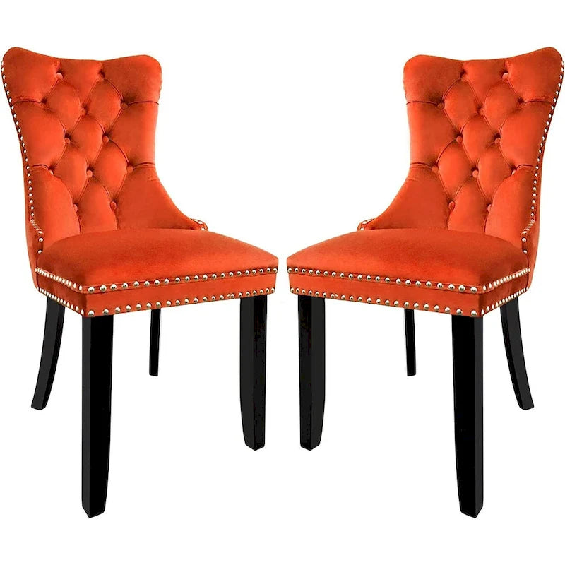 Velvet Dining Chairs Set of 2, Upholstered High-end Tufted Dining Room Chair with Nailhead Back Ring Pull Trim Solid Wood Legs
