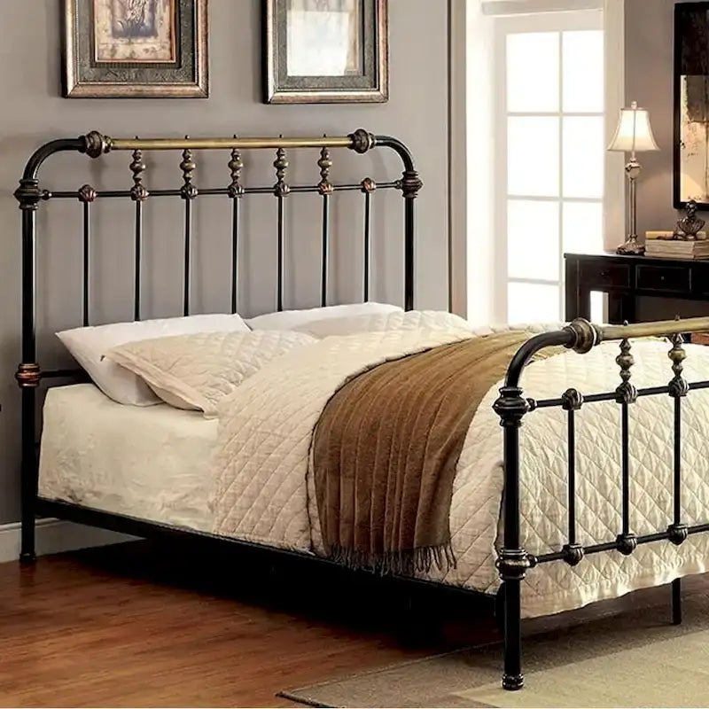 Queen Size Metal Bed with Spindle and Ornamental Accents, Black and Gold