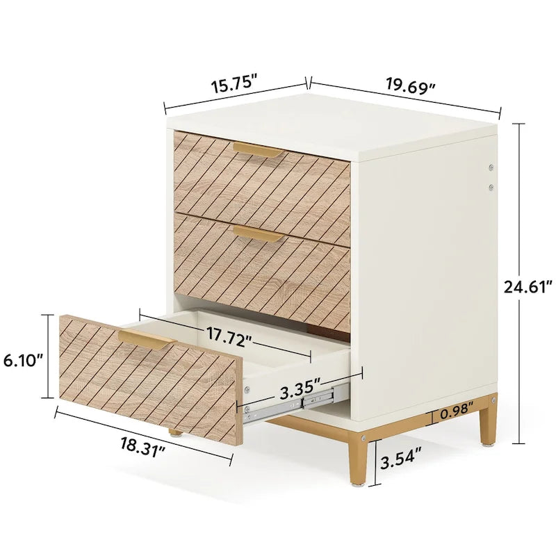 White and Gold Night Stands for Bedrooms Light Wood Grain Nightstands with 3 Drawers