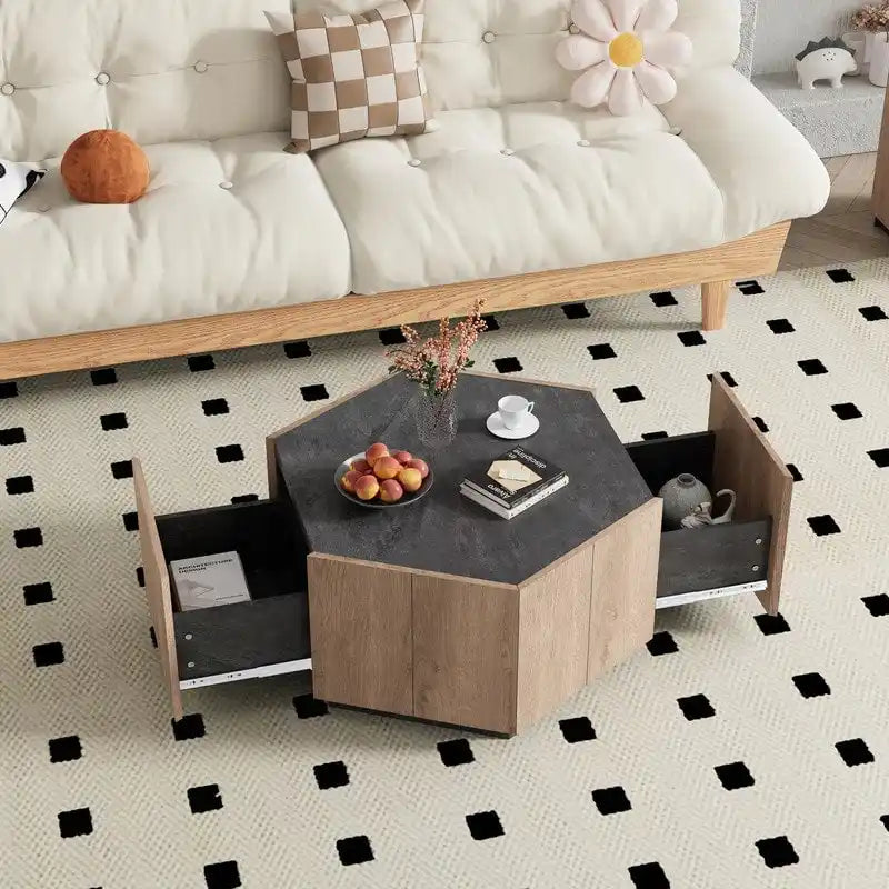 Hexagonal Garden Retro Coffee Table with 2 Drawers