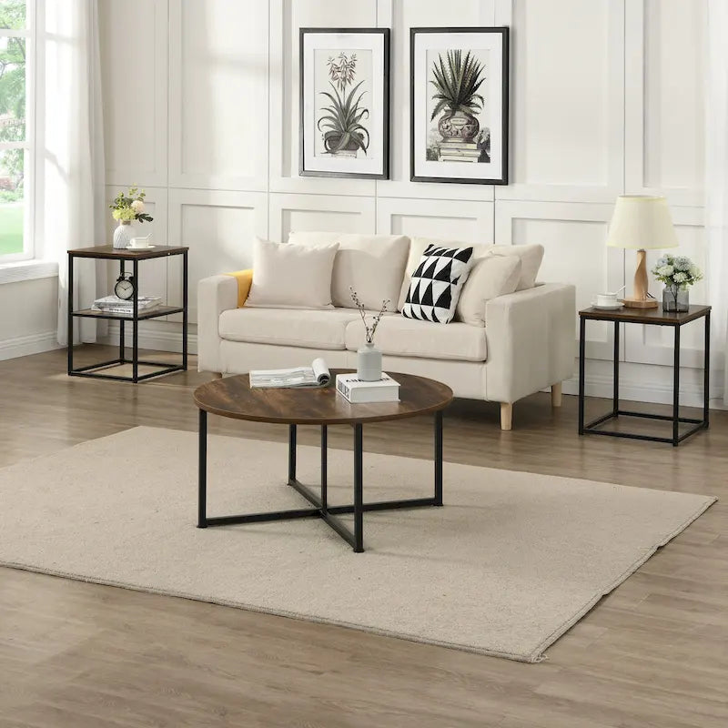 Myhozm 3-piece Round Coffee and Side Table Set with Open Shelves