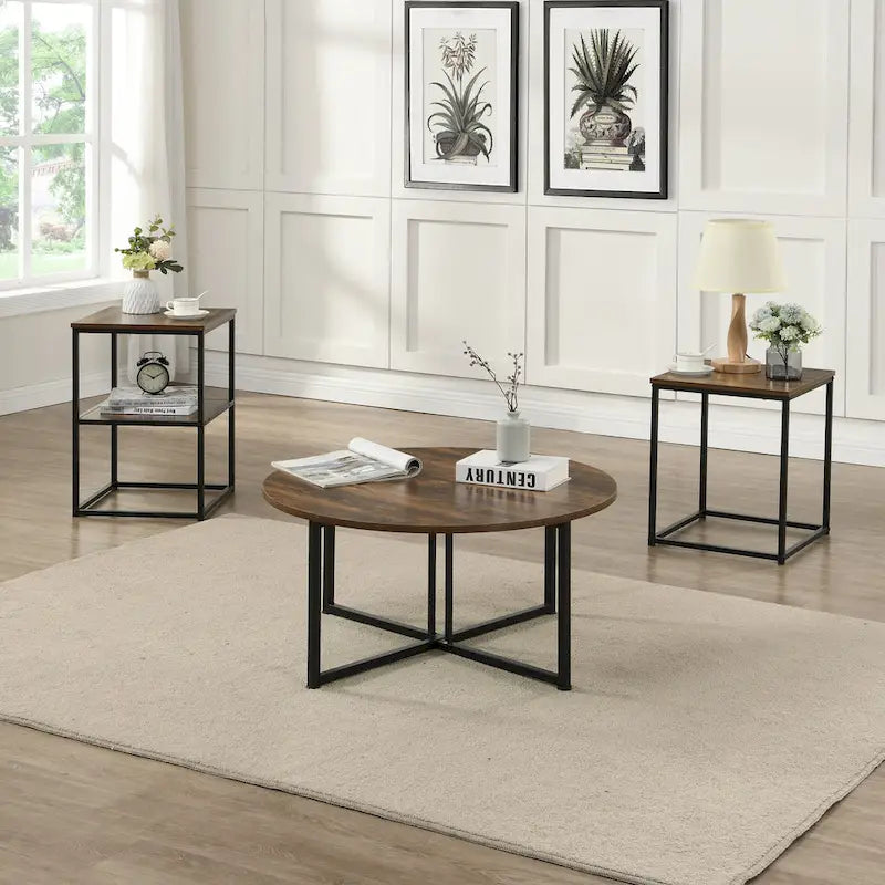 Myhozm 3-piece Round Coffee and Side Table Set with Open Shelves