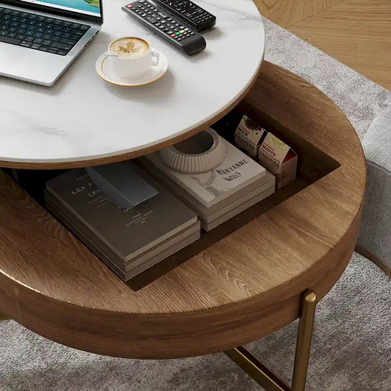 Modern Coffee Table, Lifting-top Round Coffee Table with Storage, Sintered Stone Top, Carbon Steel Legs