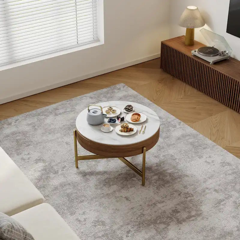 Modern Coffee Table, Lifting-top Round Coffee Table with Storage, Sintered Stone Top, Carbon Steel Legs