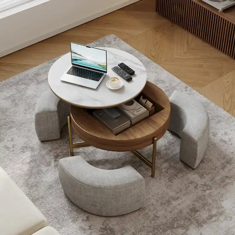 Modern Coffee Table, Lifting-top Round Coffee Table with Storage, Sintered Stone Top, Carbon Steel Legs