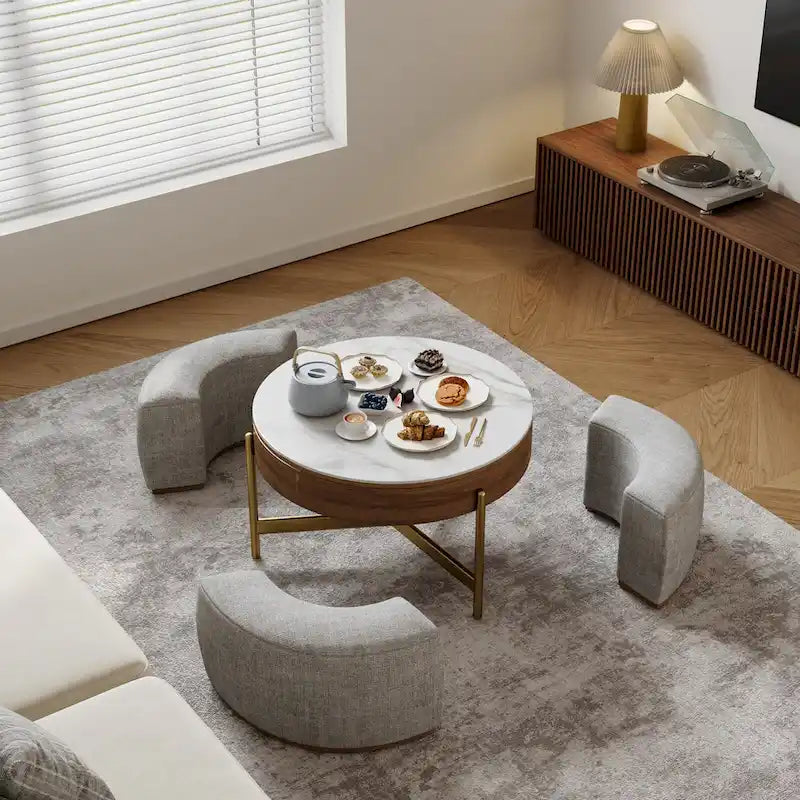 Modern Coffee Table, Lifting-top Round Coffee Table with Storage, Sintered Stone Top, Carbon Steel Legs