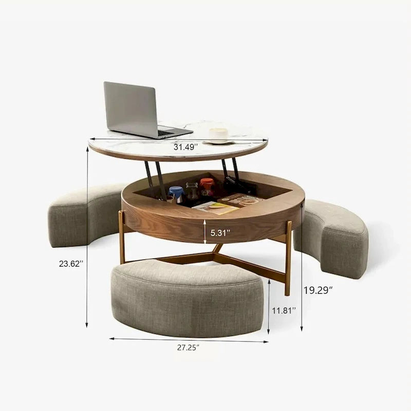 Modern Coffee Table, Lifting-top Round Coffee Table with Storage, Sintered Stone Top, Carbon Steel Legs