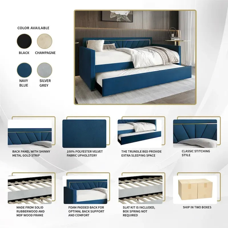 CraftPorch Glam Velvet Upholstered Twin Size Daybed with Trundle