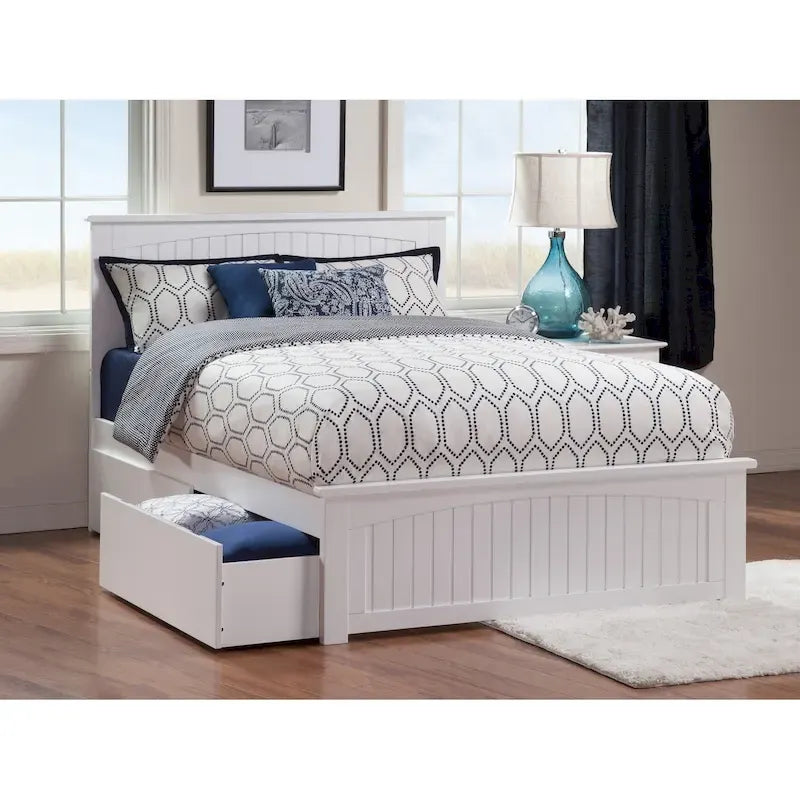 Nantucket White Queen Platform Bed with 2 Under-bed Drawers