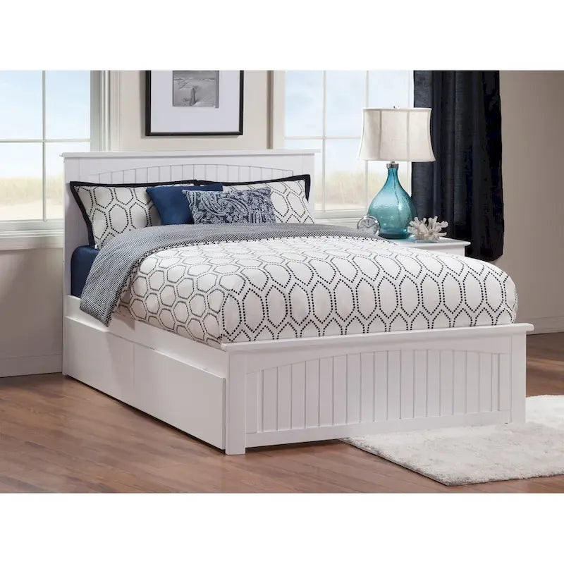 Nantucket White Queen Platform Bed with 2 Under-bed Drawers