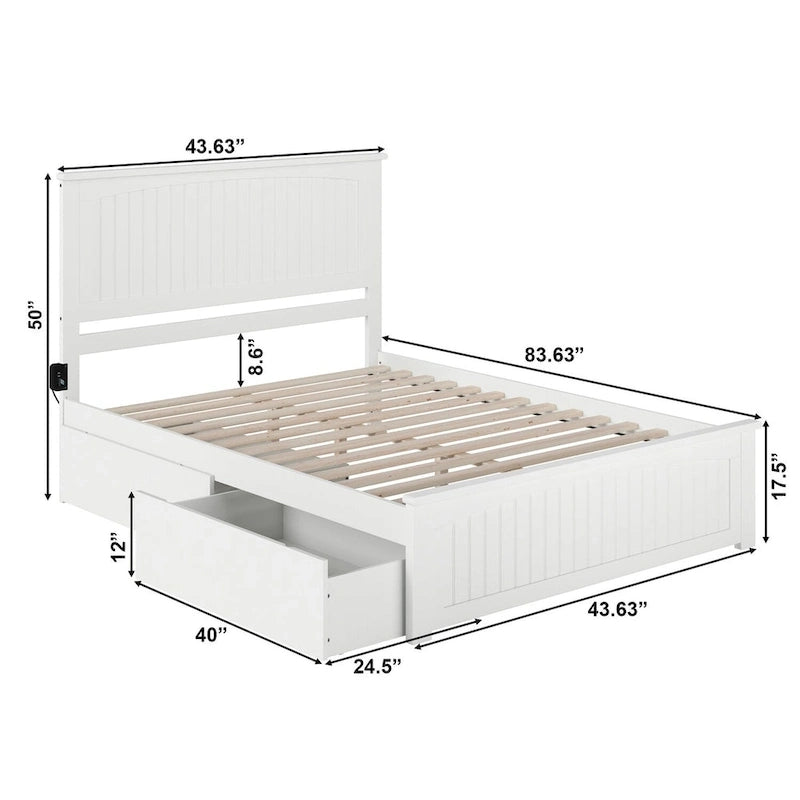 Nantucket White Queen Platform Bed with 2 Under-bed Drawers