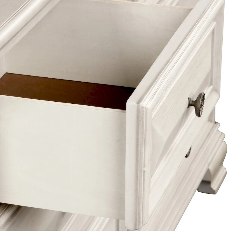 Roundhill Furniture Renova 3-Piece Distressed Parchment Wood Bedroom Set, Panel Bed with 2 Nightstands