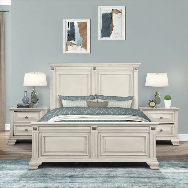 Roundhill Furniture Renova 3-Piece Distressed Parchment Wood Bedroom Set, Panel Bed with 2 Nightstands