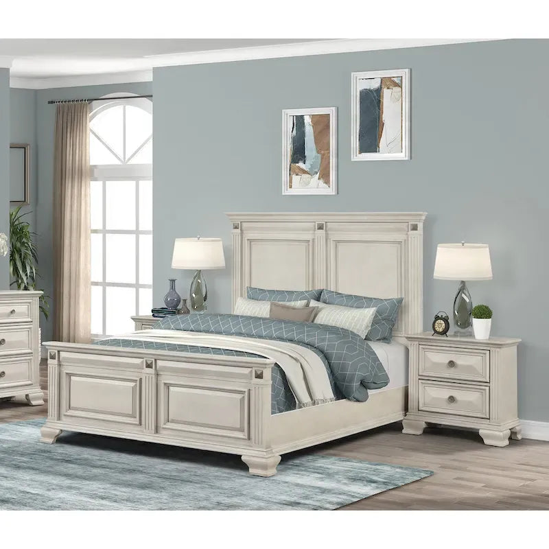 Roundhill Furniture Renova 3-Piece Distressed Parchment Wood Bedroom Set, Panel Bed with 2 Nightstands