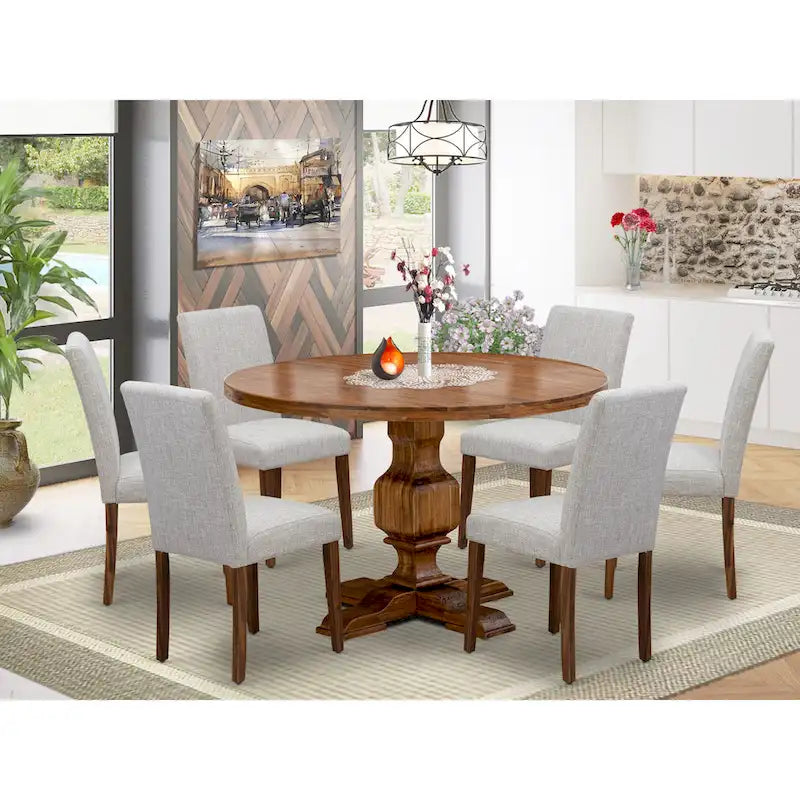 East West Furniture Dining Table Set- a Round Dining Table and Doeskin Parson Chairs, Antique Walnut (Pieces Option)