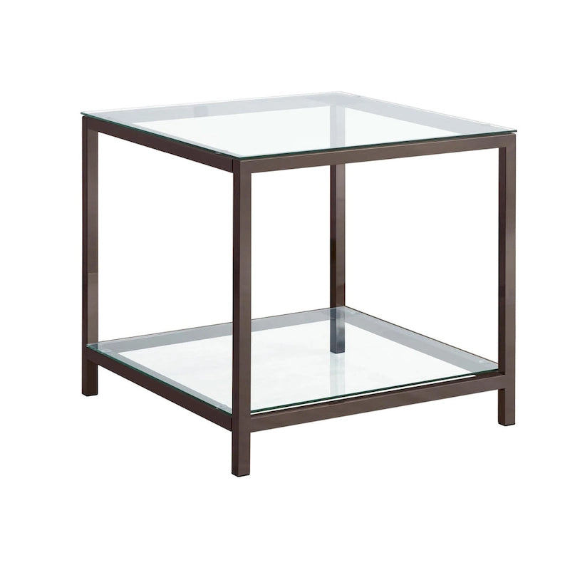 Glass Top End Table with Metal Frame and Open Shelf, Nickel
