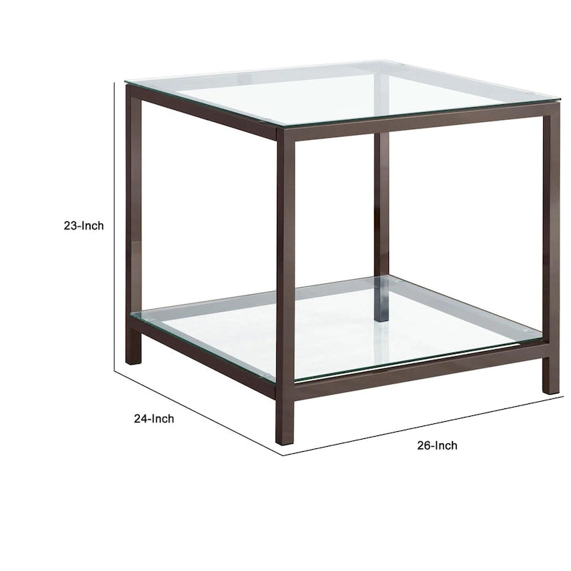 Glass Top End Table with Metal Frame and Open Shelf, Nickel