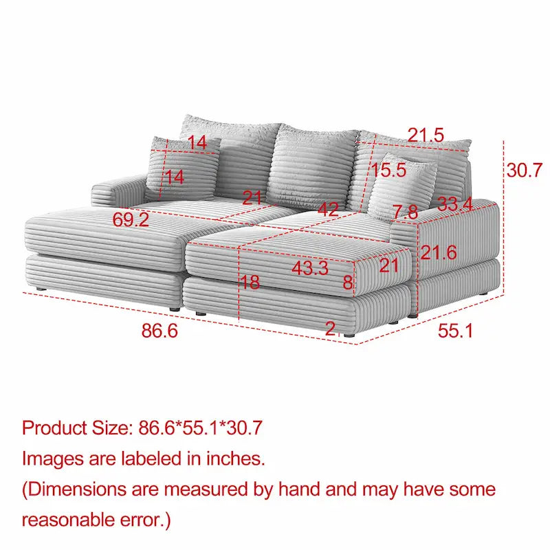 86.6Inch Corduroy 3-seater sofa With 3 back pillows , 2 toss pillows and two ottoman ,Comfy Sofa- Deep Seat Couch for Living Roo