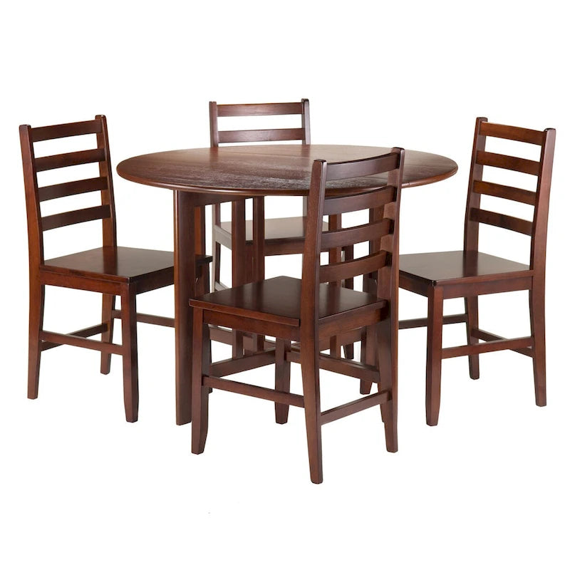 5-Pc Round Drop Leaf Table with Ladder-back Chairs, Walnut