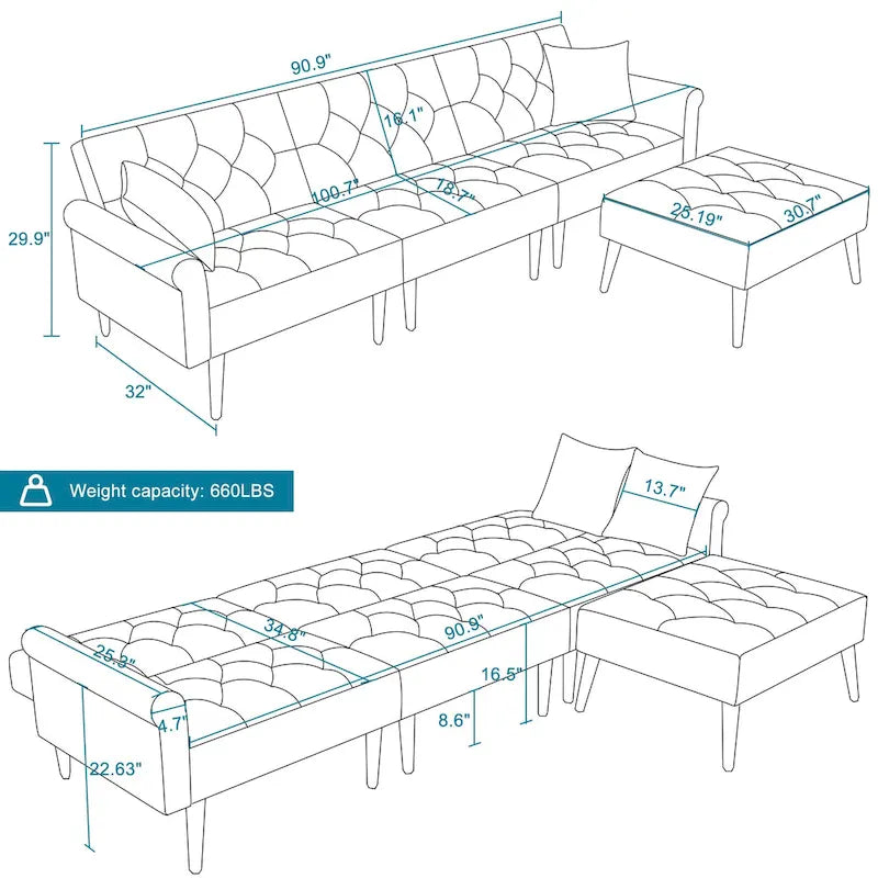 Convertible Velvet Sofa Couch, Sectional Sofa with Ottoman, Mid-Century Futon Sofa Bed - 32D x 100.7W x 29.9H