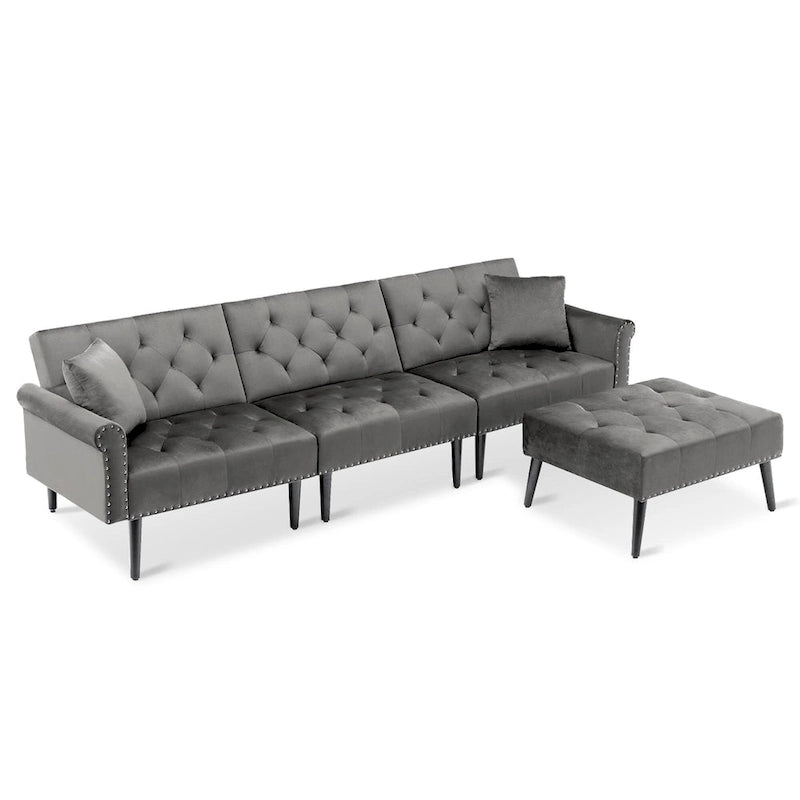 Convertible Velvet Sofa Couch, Sectional Sofa with Ottoman, Mid-Century Futon Sofa Bed - 32D x 100.7W x 29.9H