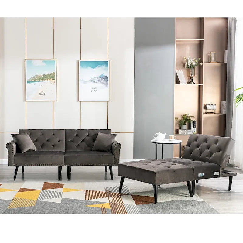Convertible Velvet Sofa Couch, Sectional Sofa with Ottoman, Mid-Century Futon Sofa Bed - 32D x 100.7W x 29.9H