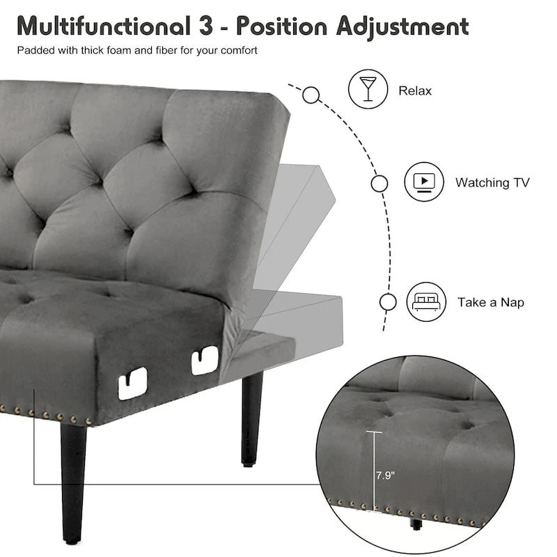 Convertible Velvet Sofa Couch, Sectional Sofa with Ottoman, Mid-Century Futon Sofa Bed - 32D x 100.7W x 29.9H