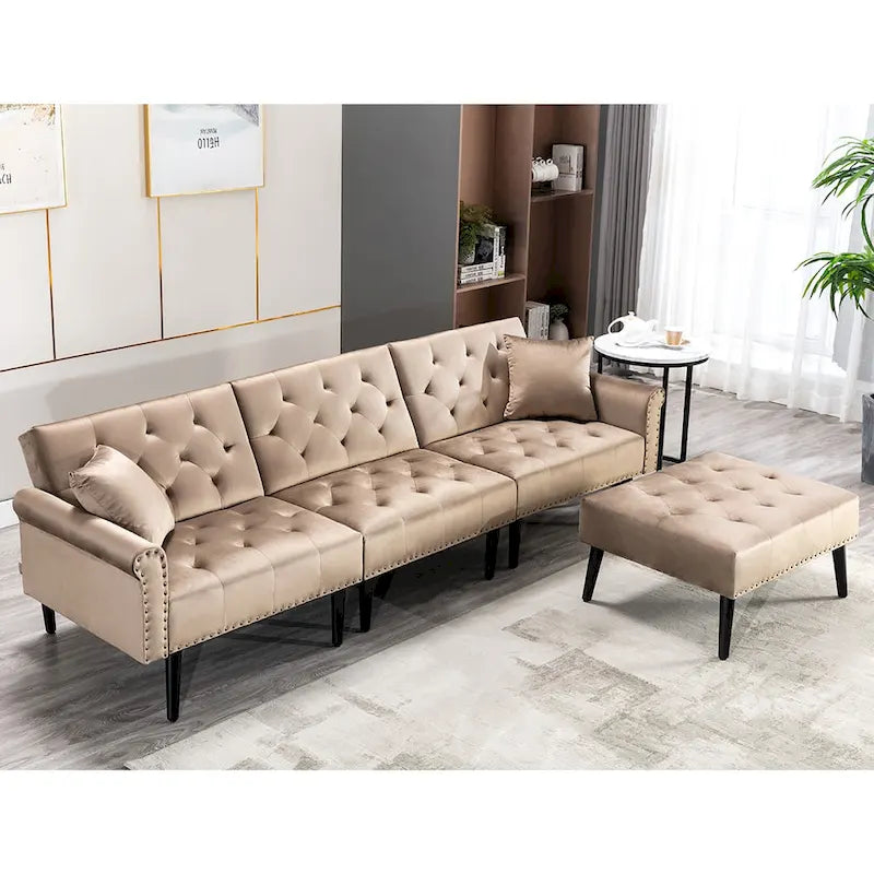 Convertible Velvet Sofa Couch, Sectional Sofa with Ottoman, Mid-Century Futon Sofa Bed - 32D x 100.7W x 29.9H