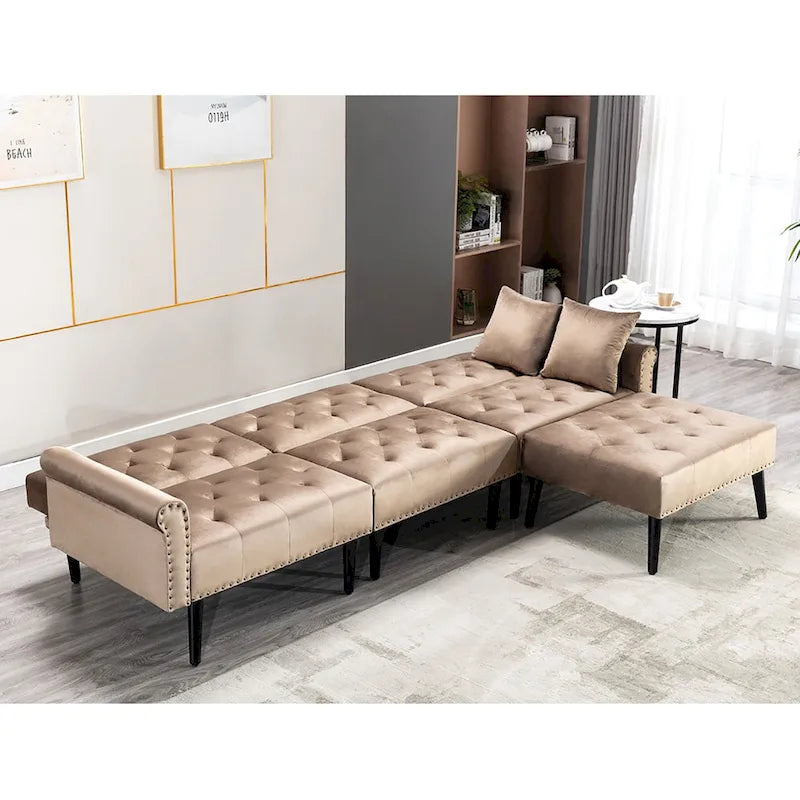 Convertible Velvet Sofa Couch, Sectional Sofa with Ottoman, Mid-Century Futon Sofa Bed - 32D x 100.7W x 29.9H