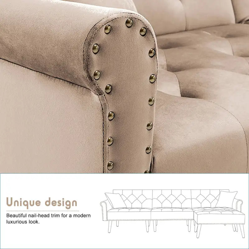 Convertible Velvet Sofa Couch, Sectional Sofa with Ottoman, Mid-Century Futon Sofa Bed - 32D x 100.7W x 29.9H