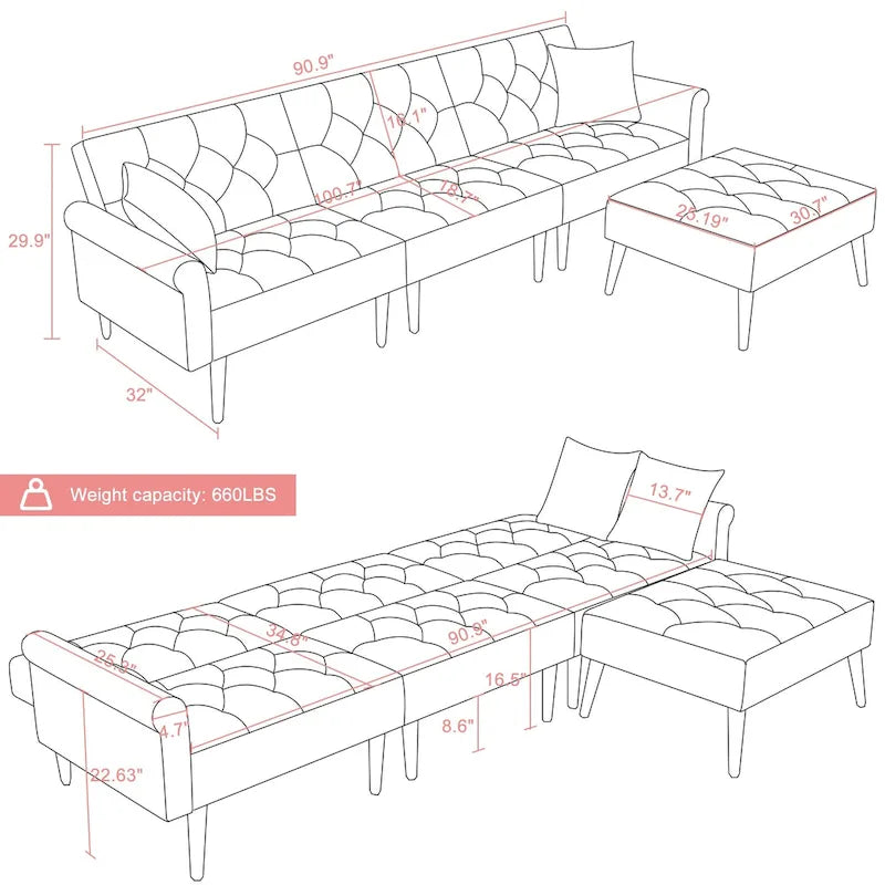 Convertible Velvet Sofa Couch, Sectional Sofa with Ottoman, Mid-Century Futon Sofa Bed - 32D x 100.7W x 29.9H
