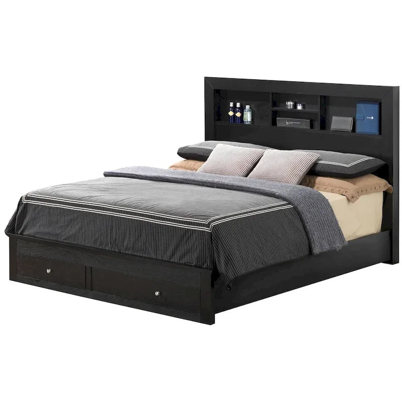 Burlington King Storage Platform Bed with Built in Shelves and Two Footboard Drawers