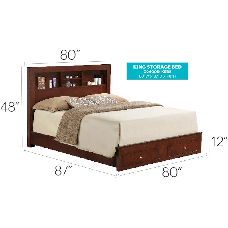 Burlington King Storage Platform Bed with Built in Shelves and Two Footboard Drawers