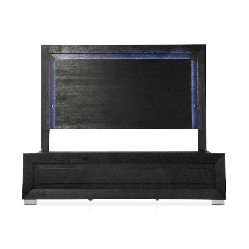 Furniture of America Alaric Modern Black Solid Wood Panel Bed with LED Light Headboard