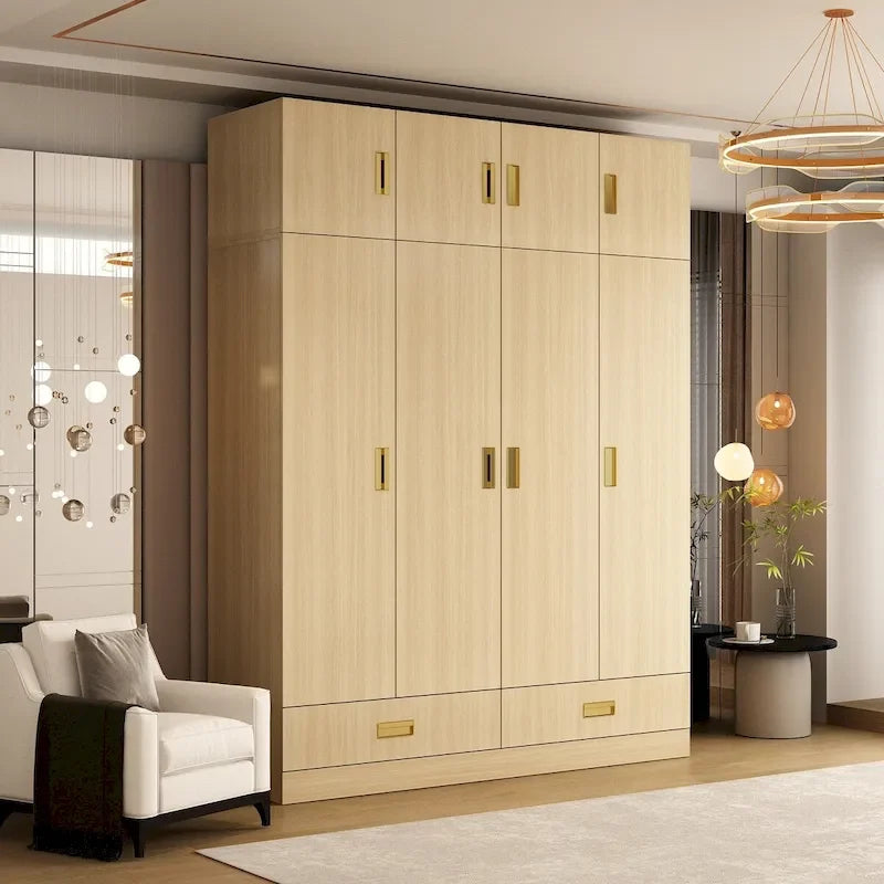 Wardrobe Closet Cabinet with Gold Handles and Optional Top Cabinet