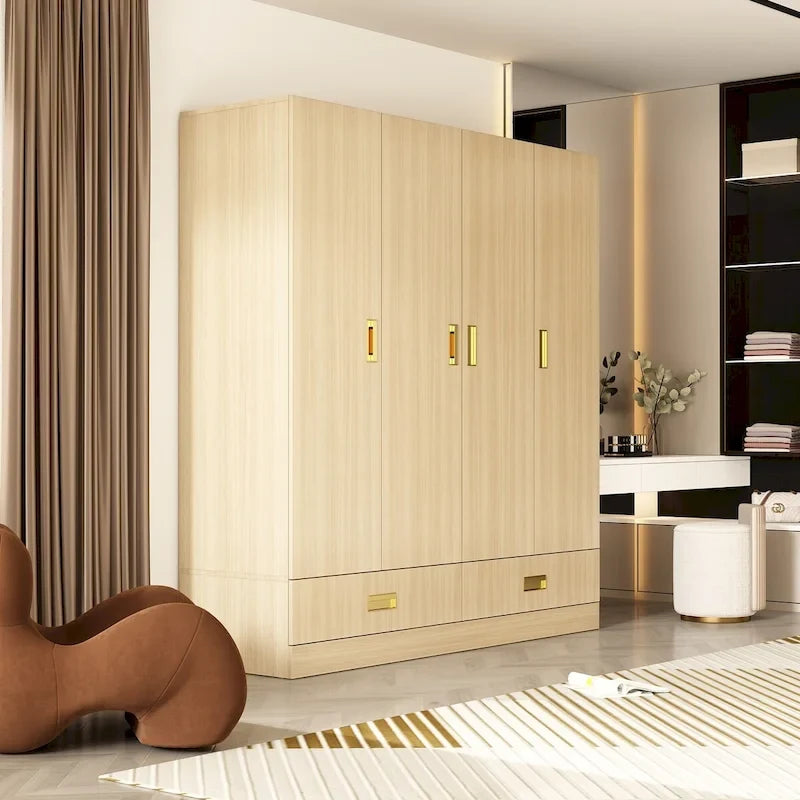 Wardrobe Closet Cabinet with Gold Handles and Optional Top Cabinet