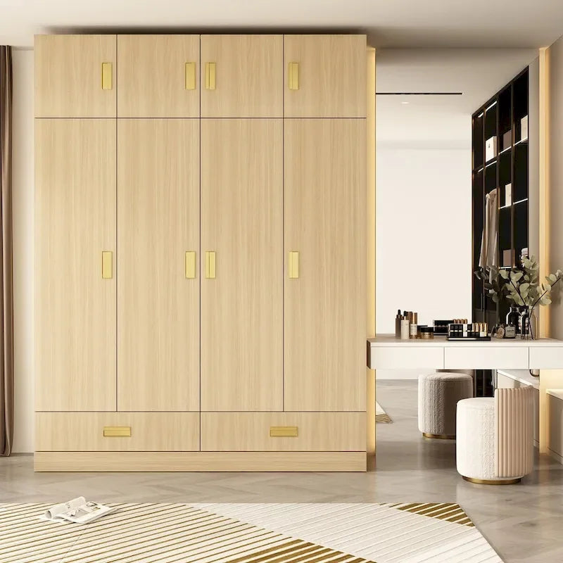 Wardrobe Closet Cabinet with Gold Handles and Optional Top Cabinet